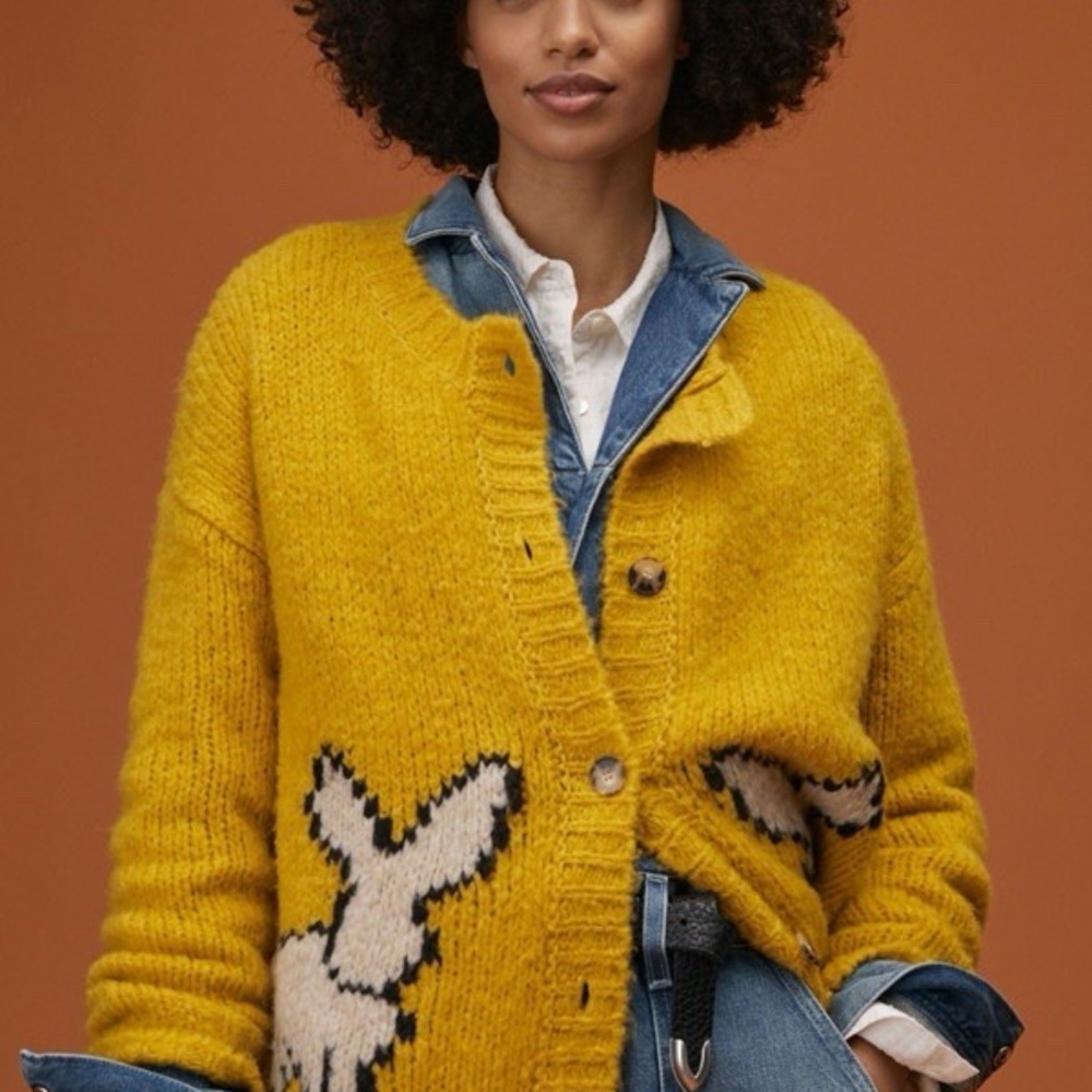 Anthropologie Mustard Yellow Wool Blend Cardigan with Cream Accent
